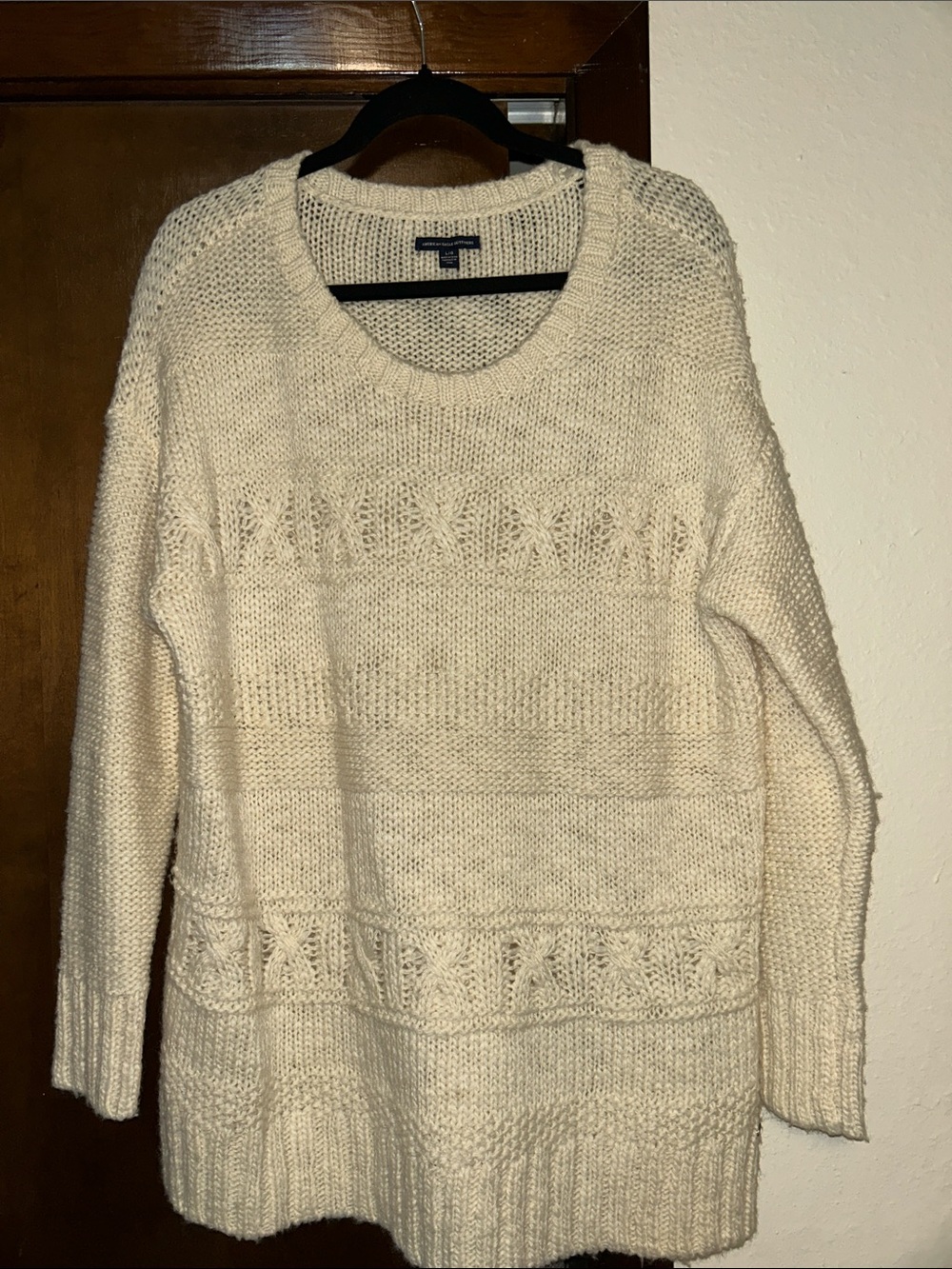 American Eagle Outfitters Cream Cable-Knit Scoop Neck Sweater